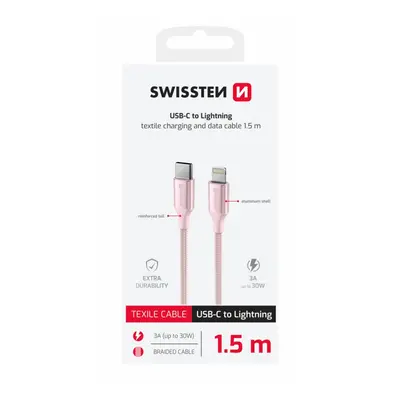 Datový kabel Swissten Textile II USB-C - Lightning 1,5 m růžový