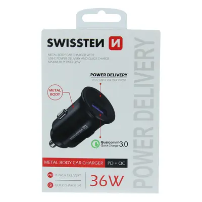 Swissten cl adaptér power delivery usb-c + quick charge 3.0 36w metal černý