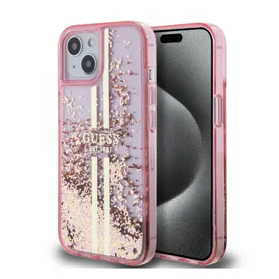 Guess PC/TPU Liquid Glitter Gold Stripe Zadní Kryt pro iPhone 15 Pro Max Pink