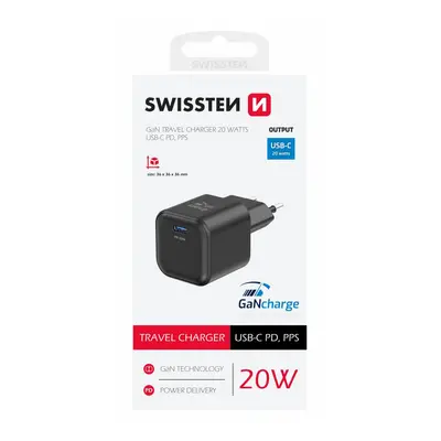 Adaptér Swissten Gan s funkcí rychlonabíjení 1x USB-C 20W černý