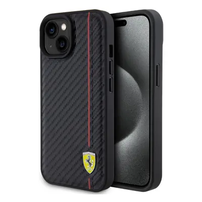 Ferrari PU Leather Carbon Vertical Red Line Zadní Kryt pro iPhone 15 Black