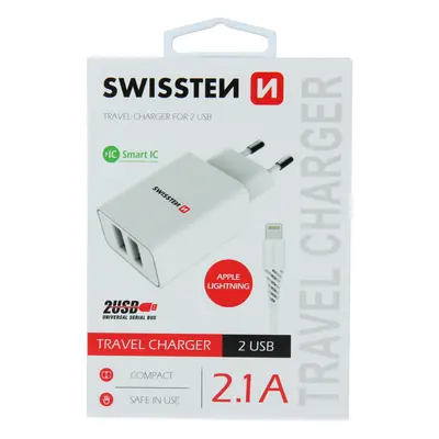 Swissten síťový adaptér smart ic 2x usb 2,1a power + datový kabel usb / lightning 1,2 m bílý