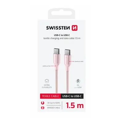 Datový kabel Swissten Textile II USB-C - USB-C 1,5 m růžový