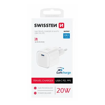 Adaptér Swissten Gan s funkcí rychlonabíjení 1x USB-C 20W bílý