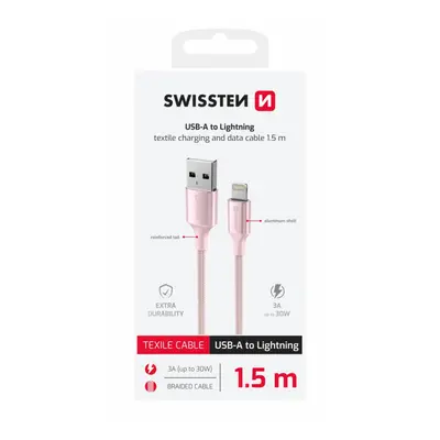 Datový kabel Swissten Textile II USB-A - lightning 1,5 m růžový