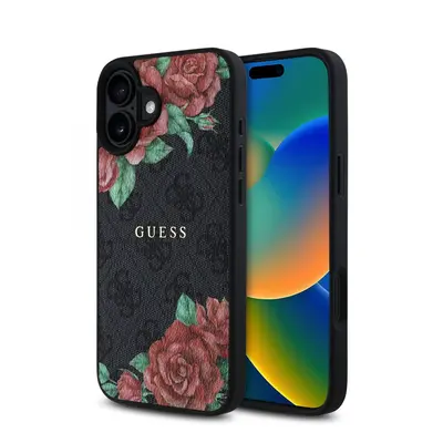 Zadní kryt Guess PU Leather 4G Roses MagSafe pro iPhone 16 Black