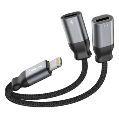 Nabíjecí audio adaptér Swissten Textile Lightning - 2x Lightning 0,12 m černý