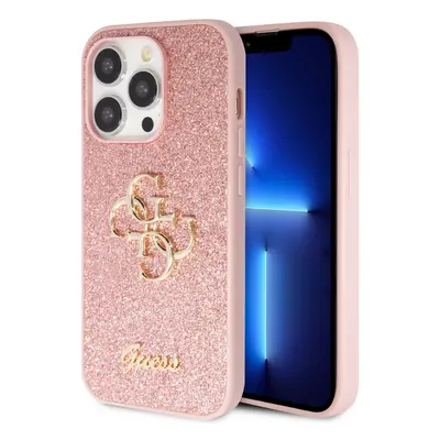 Guess PU Fixed Glitter 4G Metal Logo Zadní Kryt pro iPhone 15 Pro Pink