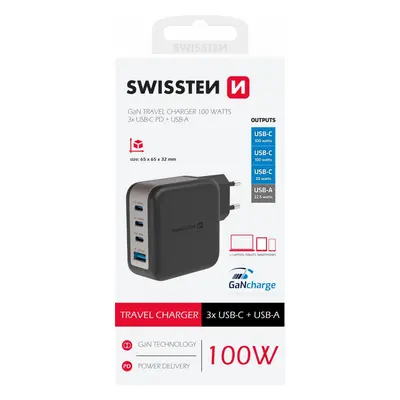 Adaptér Swissten Gan 3x USB-C 100W PD + 1x USB-A 18W QC černý