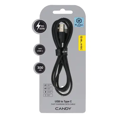 Datový kabel Blavec Candy Braided USB-A - USB-C PD 60W 3A 3m (CCA-UC3B30) černý