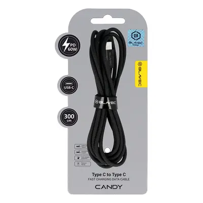 Datový kabel Blavec Candy Braided USB-C - USB-C PD 60W 3A 3m (CCA-CC3B30) černý