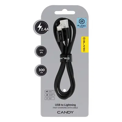 Datový kabel Blavec Candy Braided USB-A - Lightning 2,4A 3m (CCA-UL24B30) černý