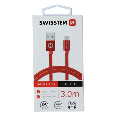 Datový kabel swissten textile usb / usb-c 3,0 m červený