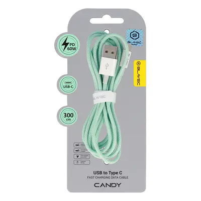 Datový kabel Blavec Candy Braided USB-A - USB-C PD 60W 3A 3m (CCA-UC3GN30) zelený