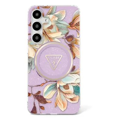 Originální zadní kryt GUESS Glitter Flowers Triangle Buttons Magsafe pro Samsung Galaxy S25 purp