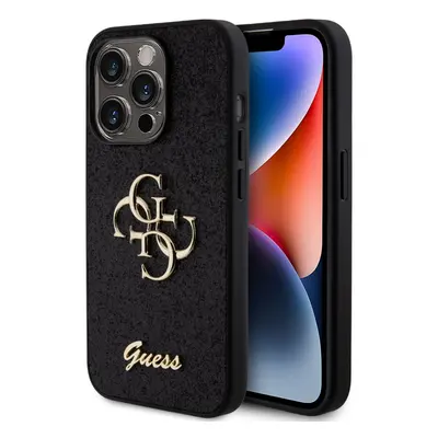 Guess PU Fixed Glitter 4G Metal Logo Zadní Kryt pro iPhone 15 Pro Black