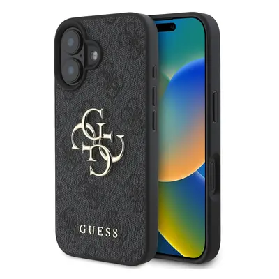 Originální zadní kryt Guess PU 4G Metal Logo pro iPhone 16 Grey