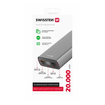 Swissten aluminum power bank 20000 mah 20w power delivery grey