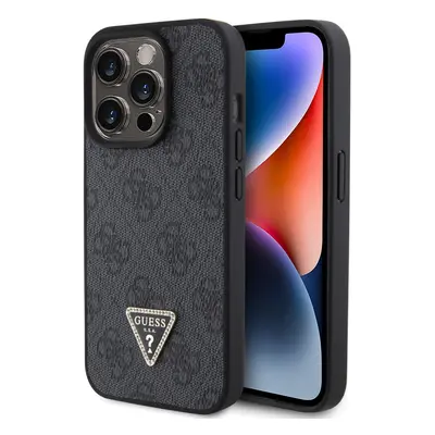 Guess PU 4G Strass Triangle Metal Logo Zadní Kryt pro iPhone 15 Pro Black