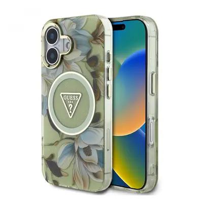 Zadní kryt Guess IML Glitter Magnolia and Triangle Logo MagSafe pro iPhone 16 Green