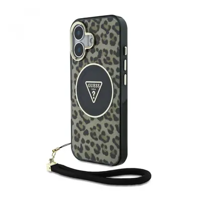 Zadní kryt Guess IML Leopard Triangle Logo Strap MagSafe pro iPhone 16 Brown