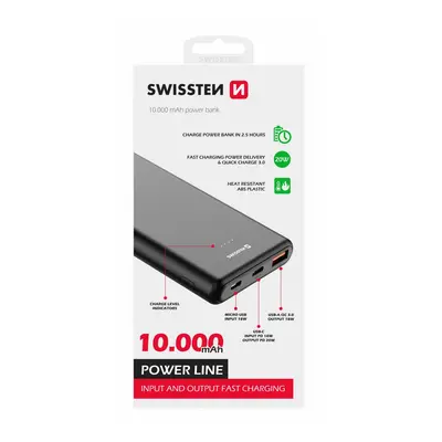 Swissten power line power bank 10000 mah 20w power delivery black