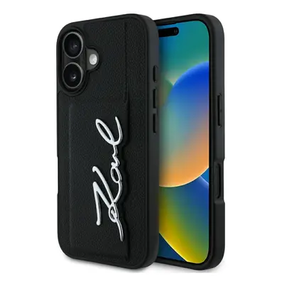 Originální zadní kryt KARL LAGERFELD HC Grained PU Cardslot Metal Signature pro iPhone 16 černý