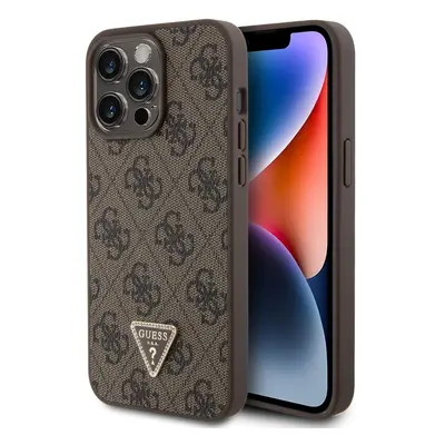 Guess PU 4G Strass Triangle Metal Logo Zadní Kryt pro iPhone 15 Pro Max Brown