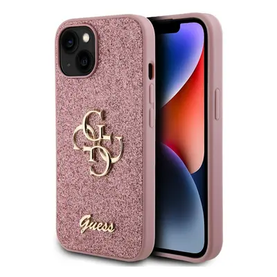 Guess PU Fixed Glitter 4G Metal Logo Zadní Kryt pro iPhone 15 Pink