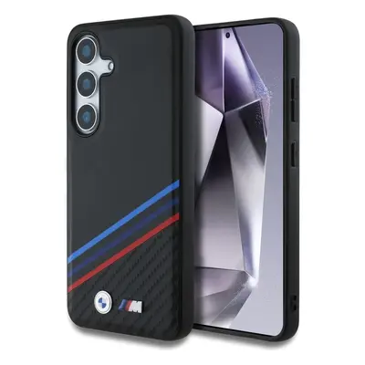 Originální zadní kryt BMW Leather Tricolor Crossing Stripes MagSafe pro Samsung Galaxy S25 černý