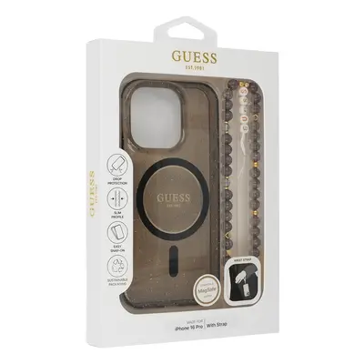 Originální zadní kryt GUESS IML Glitter with Pearl Strap Magsafe GUHMP16LHGCRELSK pro iPhone 16 