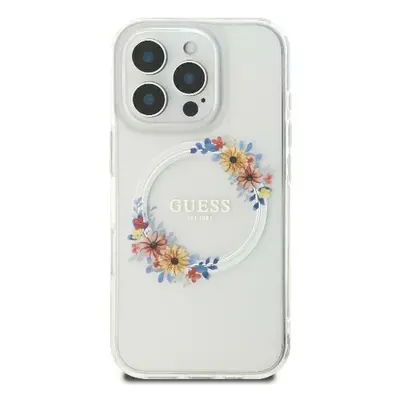 Originální zadní kryt GUESS IML Flowers Wreath Magsafe GUHMP16SHFWFCT pro iPhone 16 transparentn