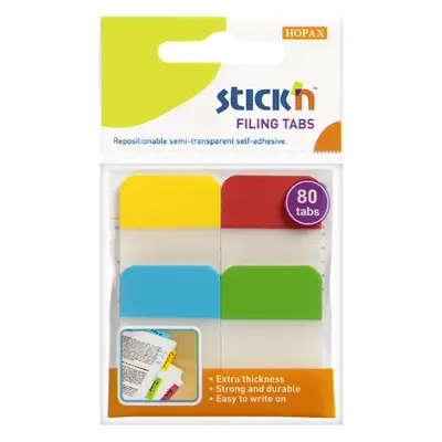 Plastové samolepicí záložky Stick'n extra pevné, 38 × 25 mm, 4 barvy × 20 záložek