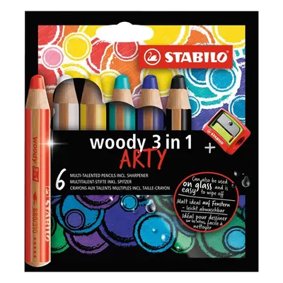 STABILO woody 3 in 1 Multifunkční pastelka ARTY - sada 6 barev s ořezávátkem