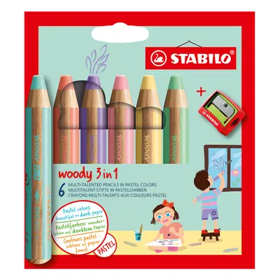 STABILO woody 3 in 1 Multifunkční pastelka - 6 pastelových barev s ořezávátkem