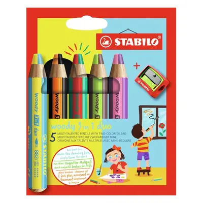 STABILO woody 3 in 1 duo Multifunkční pastelka - sada 5 barev s ořezávátkem