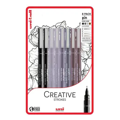 PIN - Creative Strokes sada 8 ks linerů (černá 0,6 a štětec/sv.šedá 0,5 a štětec/tm.šedá 0,5 a š