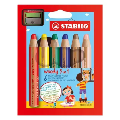 STABILO woody 3 in 1 Multifunkční pastelka - sada 6 barev s ořezávátkem