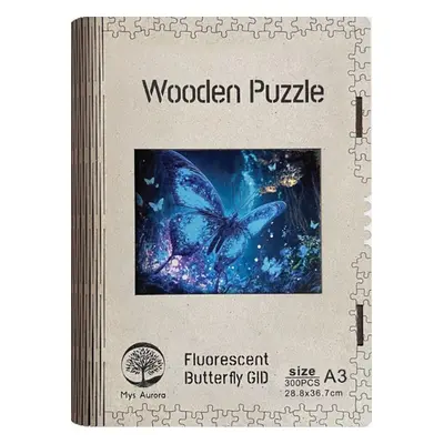 Dřevěné puzzle WOODEN fluorescentní motýl, svítící ve tmě - 300 dílků