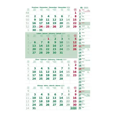 Kalendář nástěnný 2025 - Čtyřměsíční zelený s poznámkami