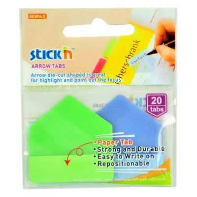 Plastové samolepicí záložky Stick'n šipky 38 × 38 mm, 2 × 10 ks, zelené a modré