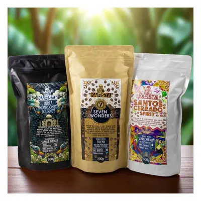 Kafista exkluzivní sada zrnkových káv - Monzunová Robusta, Brazílská Arabica & Seven Wonders Smě