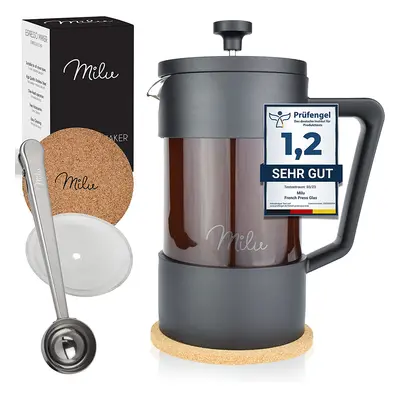 Milu French Press Kávovar Milu, 600 ml (3 šálky), včetně náhradního filtru, kávové lžičky a podt