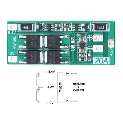 BMS Nabíjecí automatika s balancerem pro 2ks Li-ion článků verze 2, maximální proud 10A / 20A