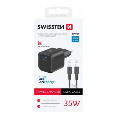 Nabíječka SWISSTEN Power Delivery USB-C + USB-C kabel 1,2m černá