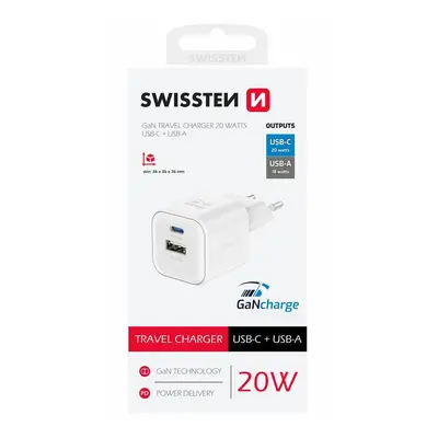 Nabíječka SWISSTEN Power Delivery USB-C + USB-A 20W bílá