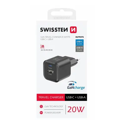 Nabíječka SWISSTEN Power Delivery USB-C + USB-A 20W černá