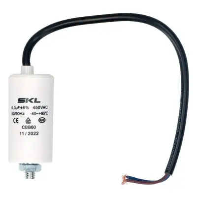 Rozběhový kondenzátor 6.3 uF ( 6,3uf ) 450V 50/60Hz CBB60 SKL, kabel 25cm, motorový běhový konde