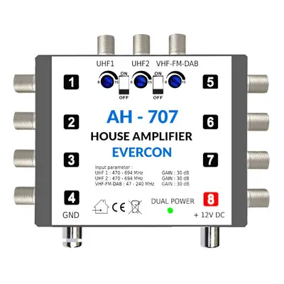 anténní zesilovač pro DVB-T2 AH-707 Evercon 5G zesílení 30dB UHF1 + UHF2 + DAB / FM / VHF 8x výs