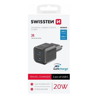 Nabíječka SWISSTEN Power Delivery 2x USB-C 20W černá